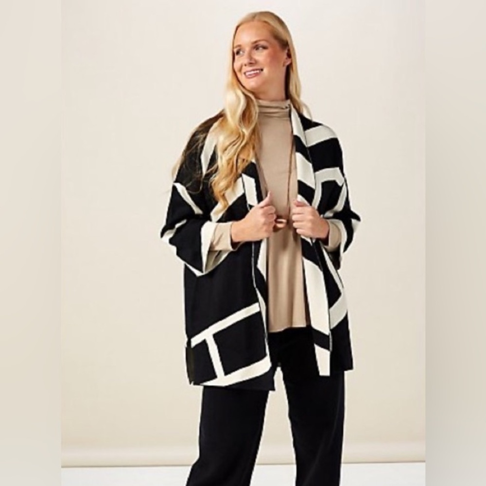 MarlaWynne SoftKNIT Graphic Double-knit Jacquard Topper open cardigan black
